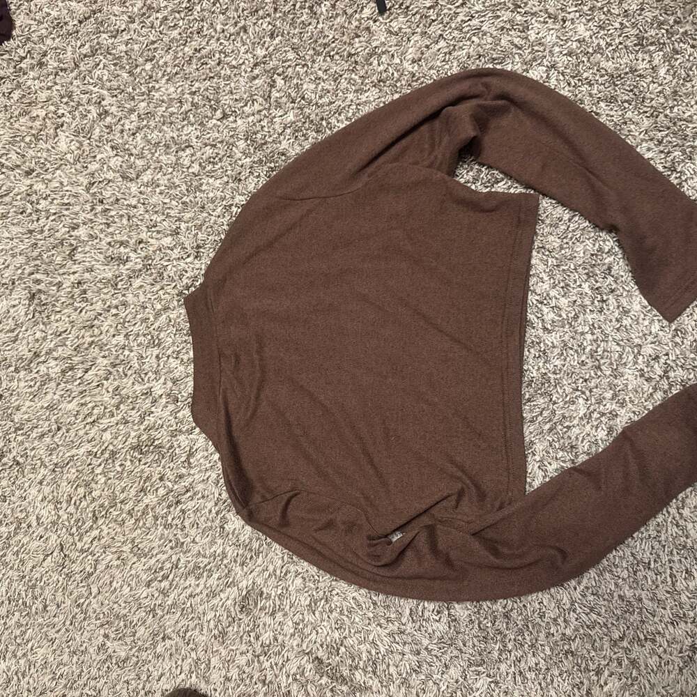 Chocolate Brown Long Sleeve Turtleneck Crop Top, Ribbed Knit, Size Small